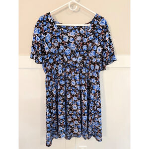 Blue Floral Babydoll Dress XXL Short Sleeve Boho Flowy